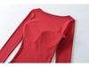 Korean Square Neck Slimming Long Sleeve T-Shirt with Chest Pads and Waist-Cinching Design for Women - Spring/Autumn