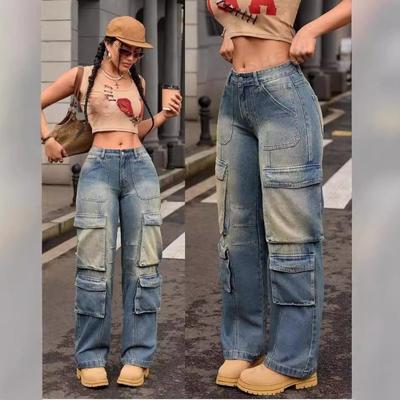 Damen Retro Street Cargo Hip-Hop Mehrere Taschen Overalls Gerade Jeans