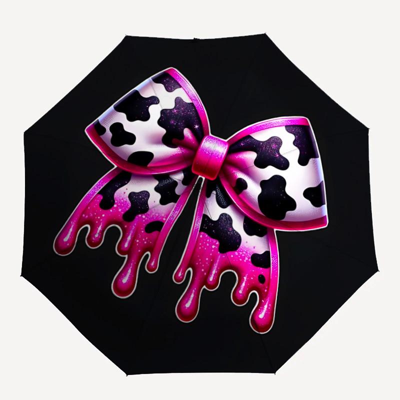 1pc Cow Print Bow Automatic Folding Umbrella with 8-Rib Windproof Design, Portable Foldable Sunshade Umbrella125