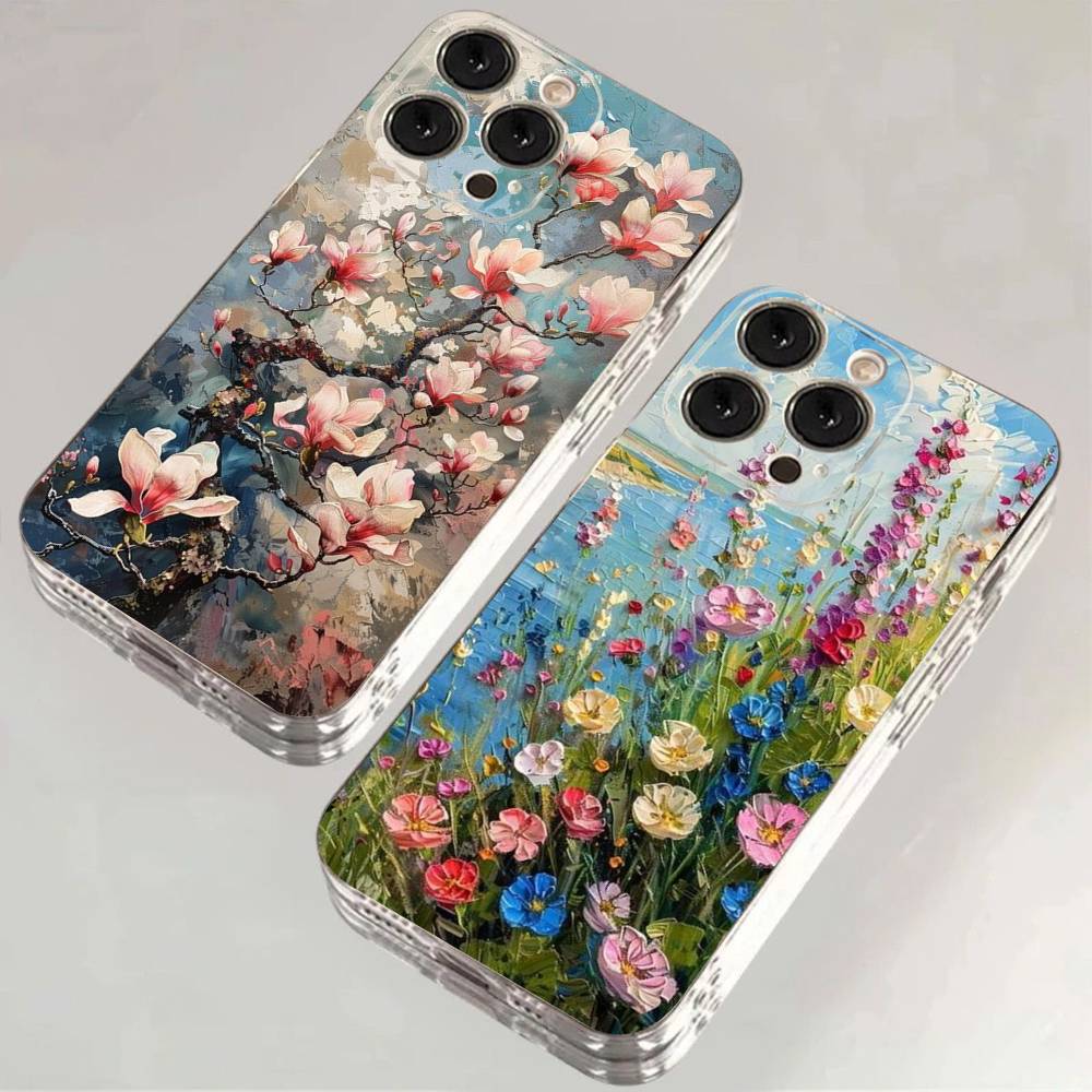 Oil Painting Of Flowers Transparent Phone Case For iPhone 17 16 15 11 12 13 14 Pro Max Mini Soft TPU Silicone Plus
