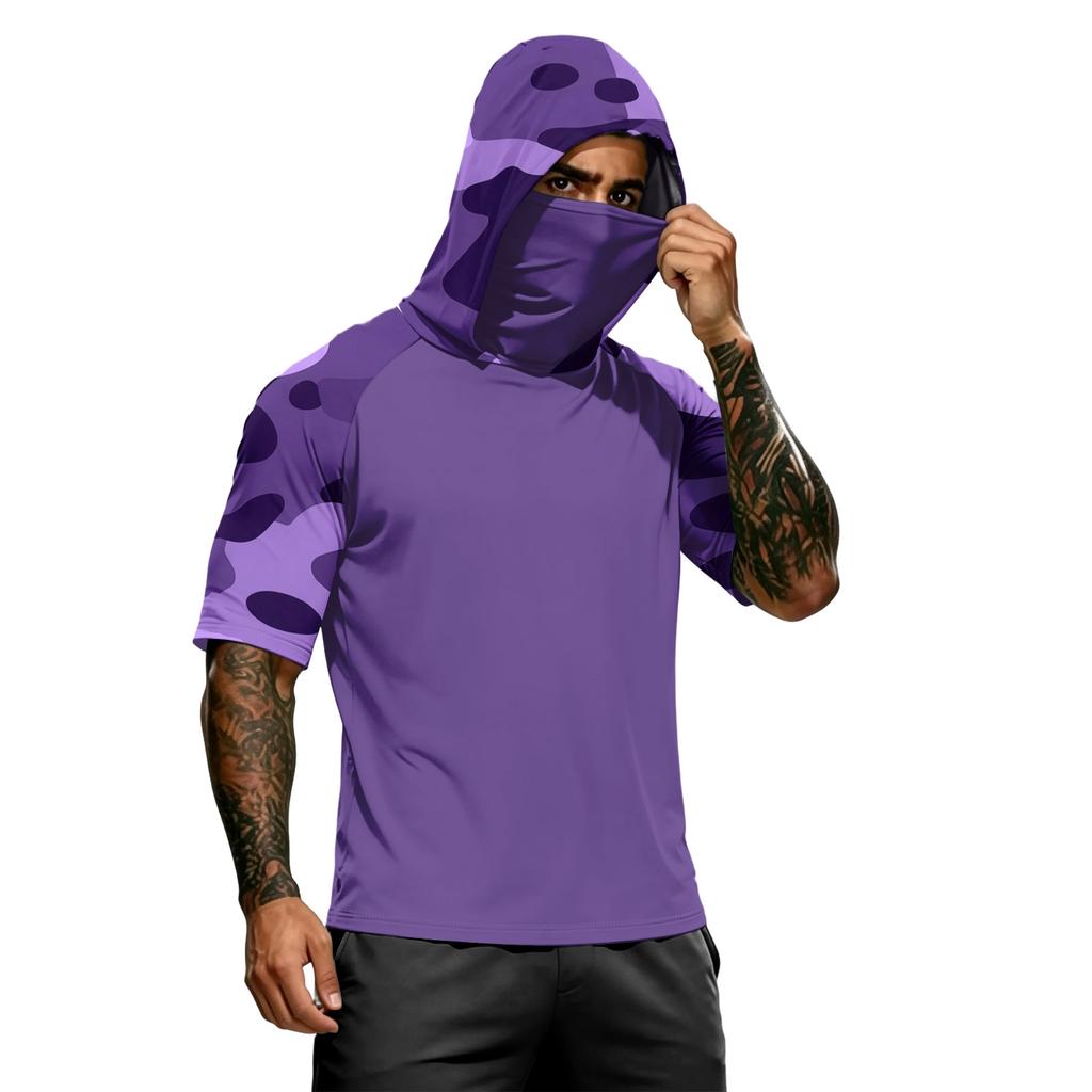 Men's Summer Camouflage Gradient Drying Short-sleeved T-shirt, Sun Clothing, Fishing, Fitness, Sports, Hooded Short-sleeved Shirt