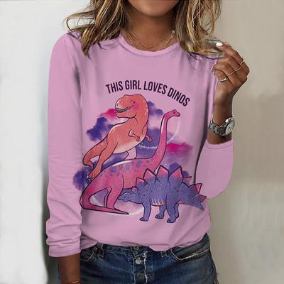 Tops para mulheres com estampa de dinossauro de desenho animado, gola redonda, manga comprida, camiseta casual de outono, pulôver fino, blusa feminina de manga comprida