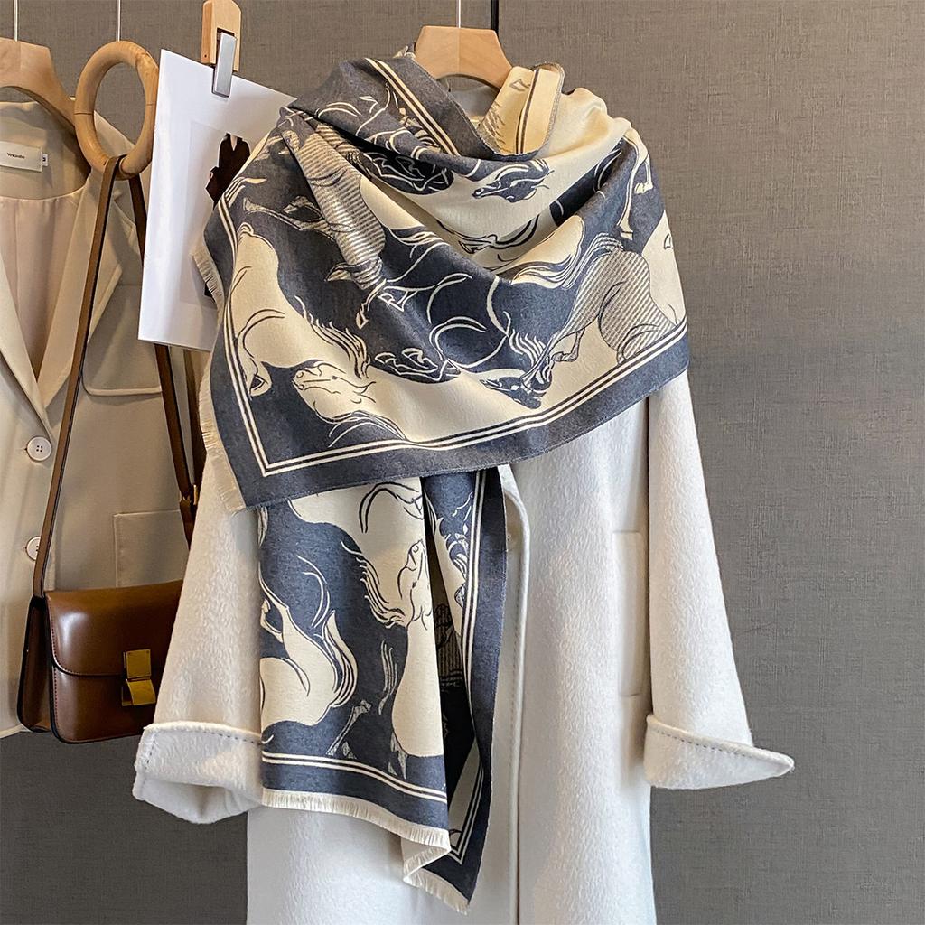 Autumn and winter new horse galloping printing large square scarf women's imitation cashmere versatile scarf high-end warm shawl