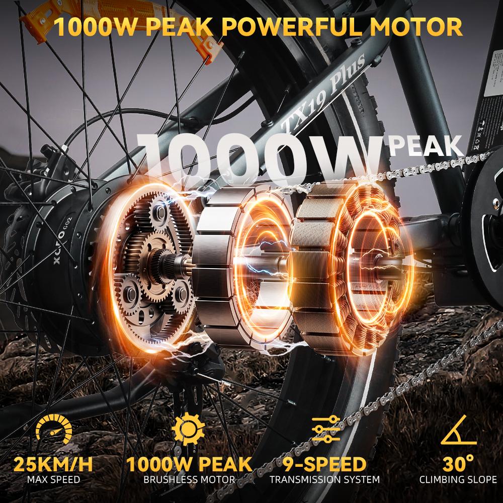 PASELEC TX19 PLUS Electric Adult Bicycle 500W Motor Men's E-Mountain Ebike 48V19.2AH Battery All-Terrain E-Bike 26*4.0 Inch Fat Tire Electric Bike