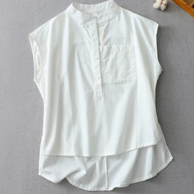 Draping T-shirt Spring Summer Vintage Loose Stand Collar Cotton Linen Blouse Chic Sleeveless Top Women