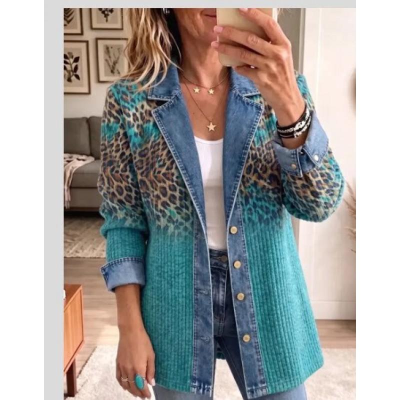 Damen Leopardenmuster Denimjacke Langarm Lockerer Schnitt Lässig Offene Vorderseite Hemdkragen Streetwear Mantel