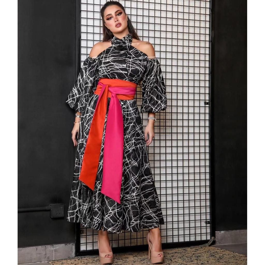 

Женское элегантное платье-кафтан с открытыми плечами и принтом в виде бандажа, с длинными рукавами, для невесты на Ближнем Востоке, длинное свадебное платье, великолепное вечернее платье миди, бальное платье