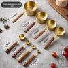 Gold-Plated Stainless Steel Measuring Cups & Spoons Set with Acacia Wood Handles, 8-Piece Kitchen Baking Tools.