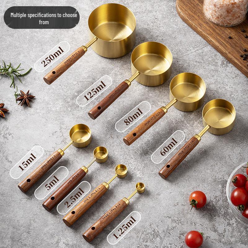 Gold-Plated Stainless Steel Measuring Cups & Spoons Set with Acacia Wood Handles, 8-Piece Kitchen Baking Tools.