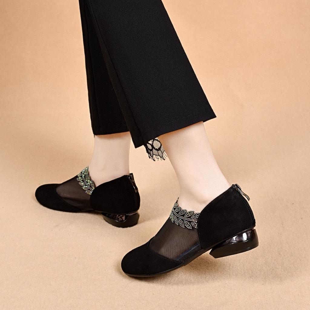 Round Head Mesh Single Shoes Women's 2025 Spring and Summer New Rhinestone Leaf Mesh Shoes Breathable Flat Shoes Rear Zipper Women's Ankle Shoes