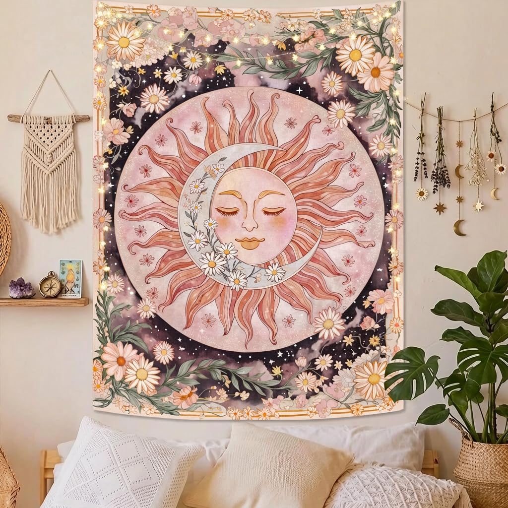 Hippie Witchy Moth Tapestry, Moon Mushroom Aesthetic Floral Wall Art, Mystic Moon Phase Decor For Living Room Bedroom Home