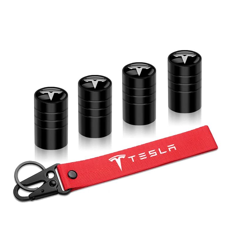 Bilklistermärke Tesla 4 st Bilhjul Däckventilhatt Nylon Nyckelring Snöre Nyckelringar För Tesla WYE Invader Juguete Modell 3 Y S X Spa