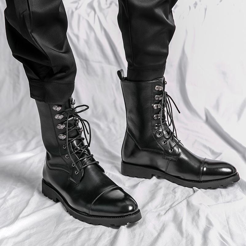 Men's Plus Size Lace-up Black Denim Motorcycle Boots - Autumn/Winter Fashion
