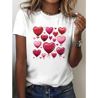Europäische Größe Damen Glänzendes Herz-Ballon-Print-T-Shirt | Kurzer Ärmel Rundhals , Glänzendes Ballon- und Herzdesign, Mittlere Elastizität