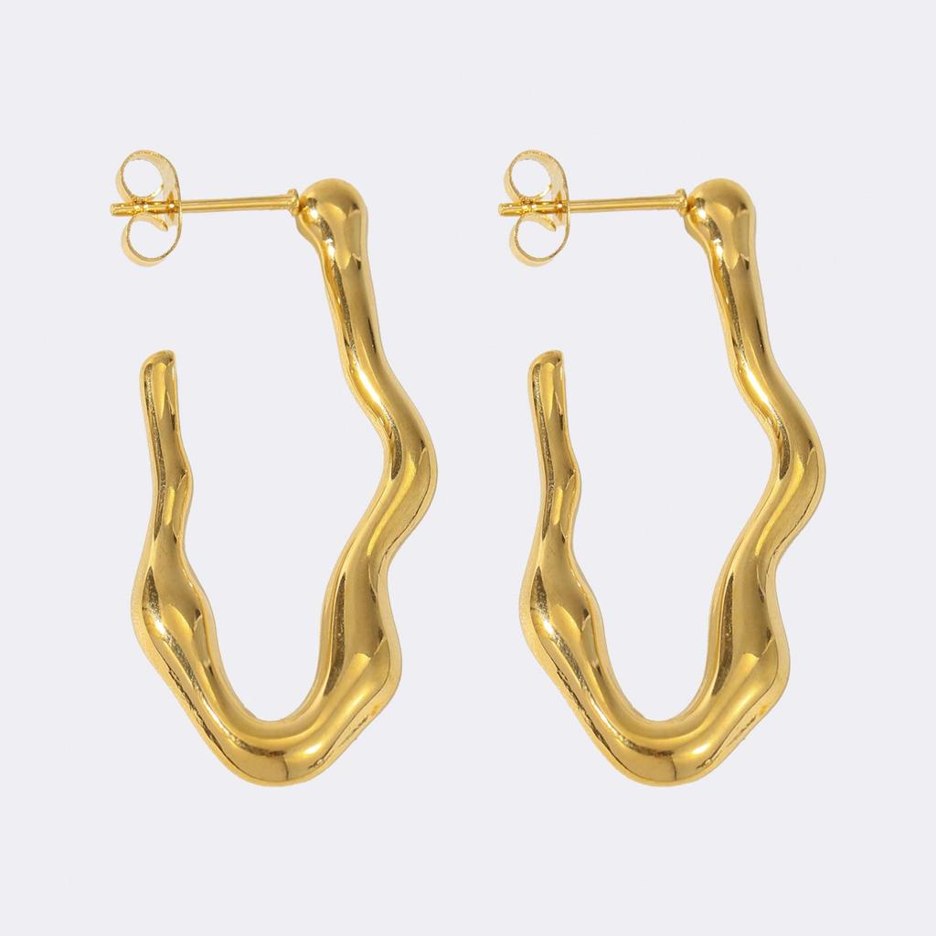 LNCHRAN Gold Irregular Wave U-Shaped Geometric 304 Stainless Steel Earrings for Women