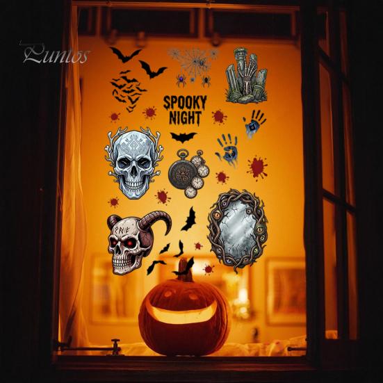 And Skull Cling Halloween Electrostatic Glass Stickers, Demon Blood Handprints Bats Scary Window Pattern Clings, Spooky Stickers for Doors Mirrors
