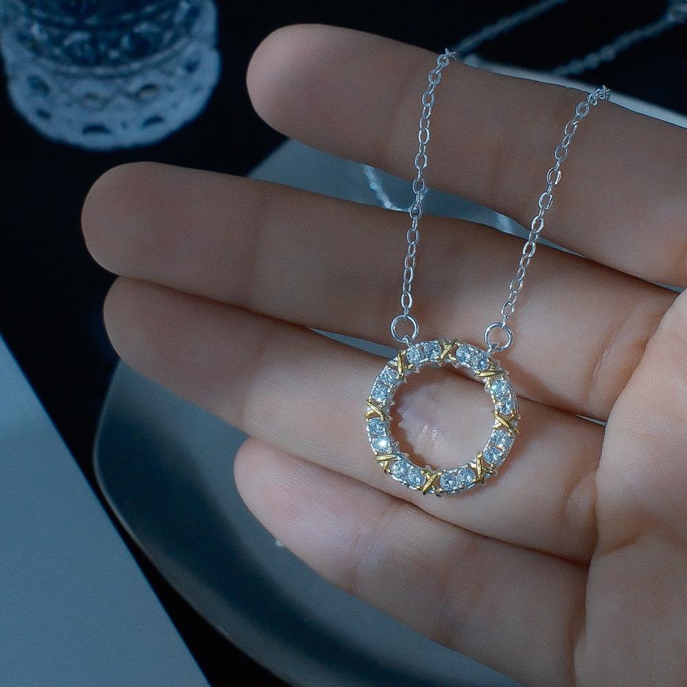 Cold Wind Exquisite Two-Color Diamond-Encrusted Ring Necklace Women'S Light Luxury Niche Design Sense Simple Collarbone Chain Versatile Neck Chain