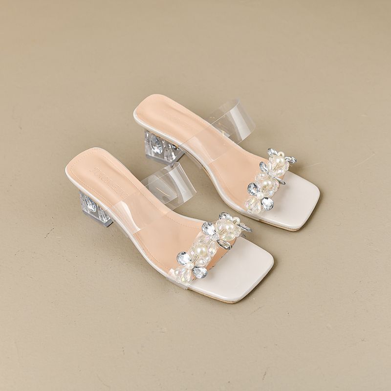 Delicate Rhinestone Transparent Cool Slippers Girl 2025 Summer Fairy Style Temperament High Heels Square Head Thick Heel Crystal Sandals