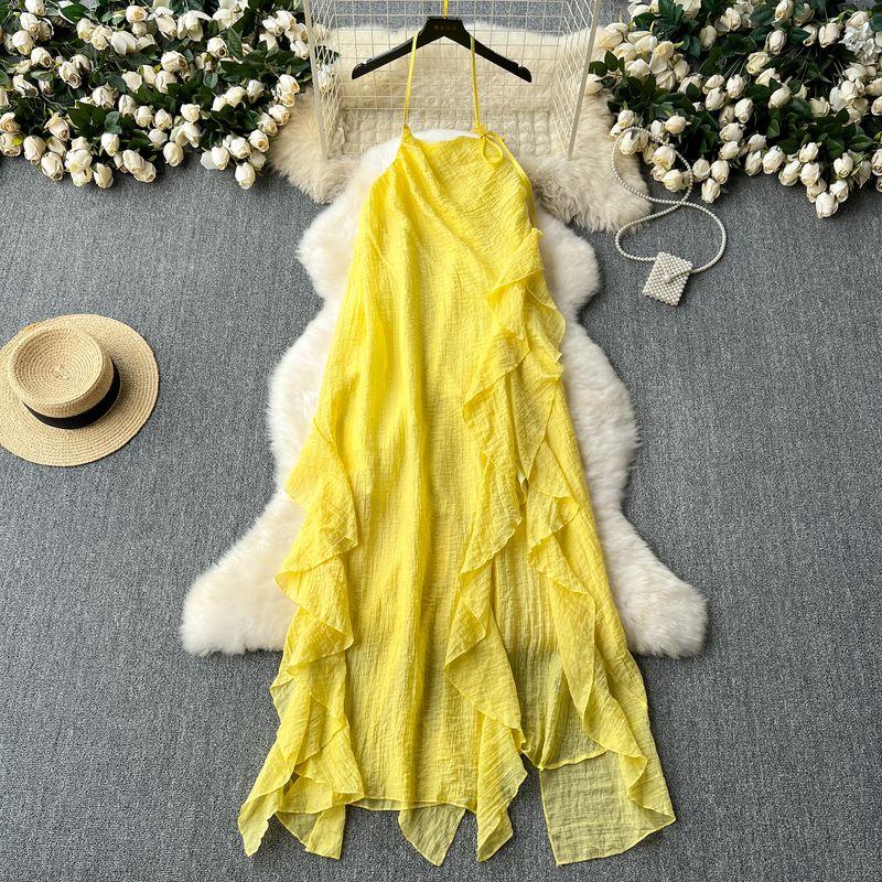 

Yellow Vacation Style Dress Women s Stylish Niche Style Ruffles Patchwork Halter Spaghetti Straps Fairy Dress French Dress Yellow L