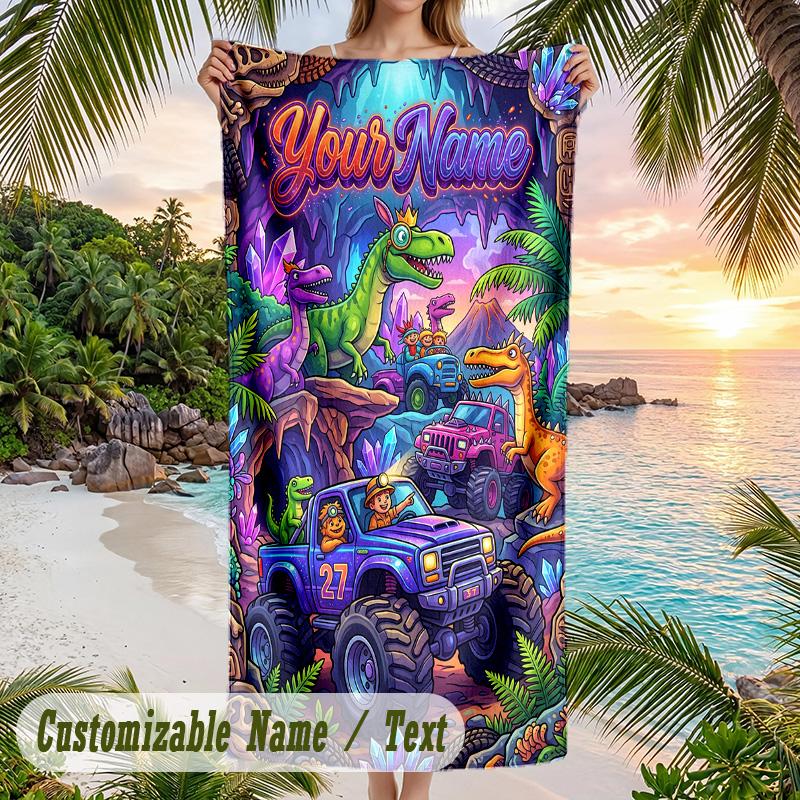 Dinosaur Theme Beach Towel Personalized Custom Name & Text Soft Quick Dry Beach Towel for Swimming Travel