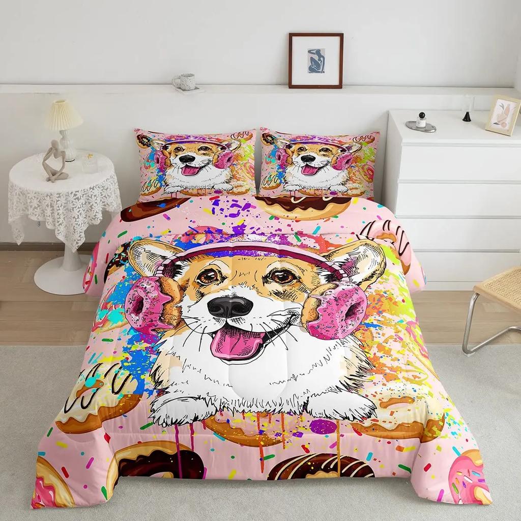 Watercolor Dog Bedding Set Cute Happy Colorful Puppy Duvet Cover Cartoon Bedding Decoration Queen for Women Children Girls Gift