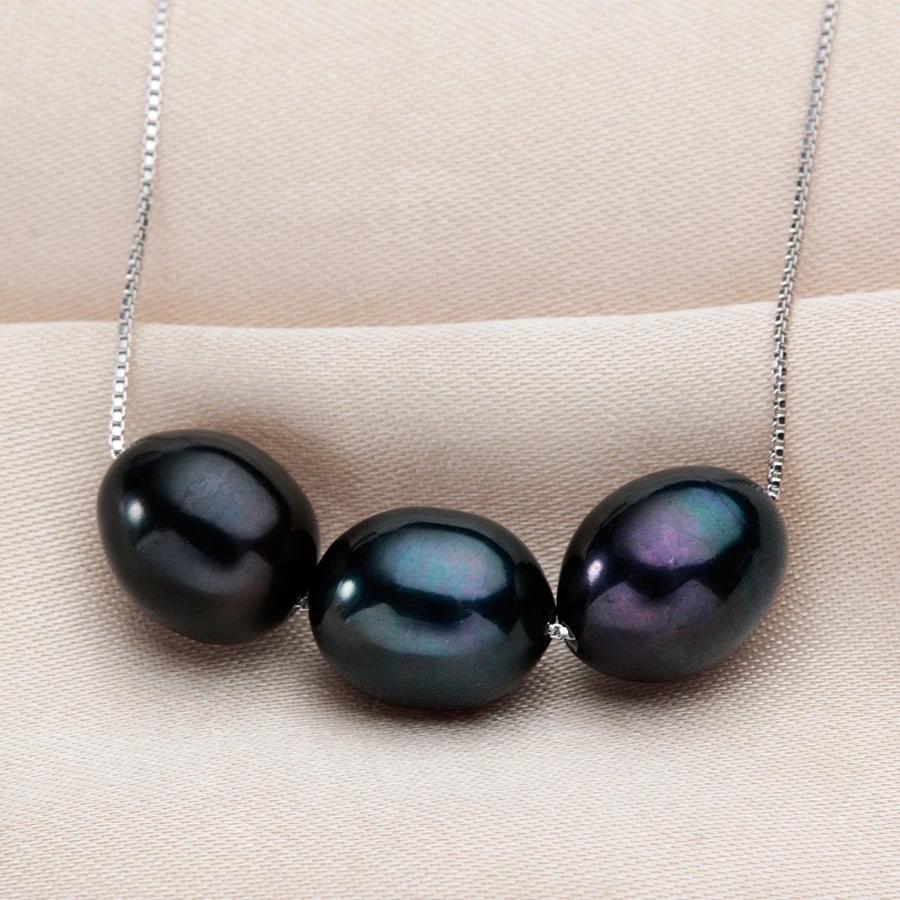 HENGSHENG Black Natural Pearl Necklace 7-8mm Rice Round Freshwater Pearl 925 Sterling Silver Fine Jewelry For Women