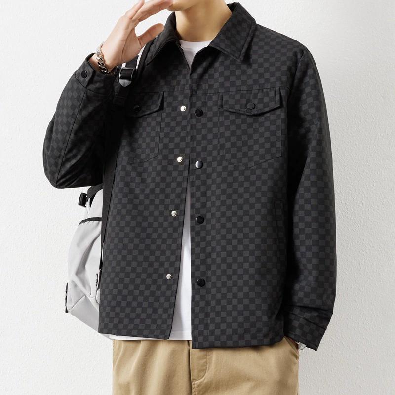 Осенне-зимняя мода с клетчатыми лацканами, мужская куртка с воротником-стойкой L чёрный