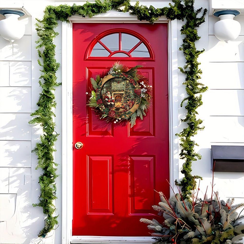 Vintage Santa Fireplace Christmas Round Wooden Hanging Sign, 2D Flat Printed Floral Wreath Front Door Decor, Xmas Gift Tree Wall Ornament Gift