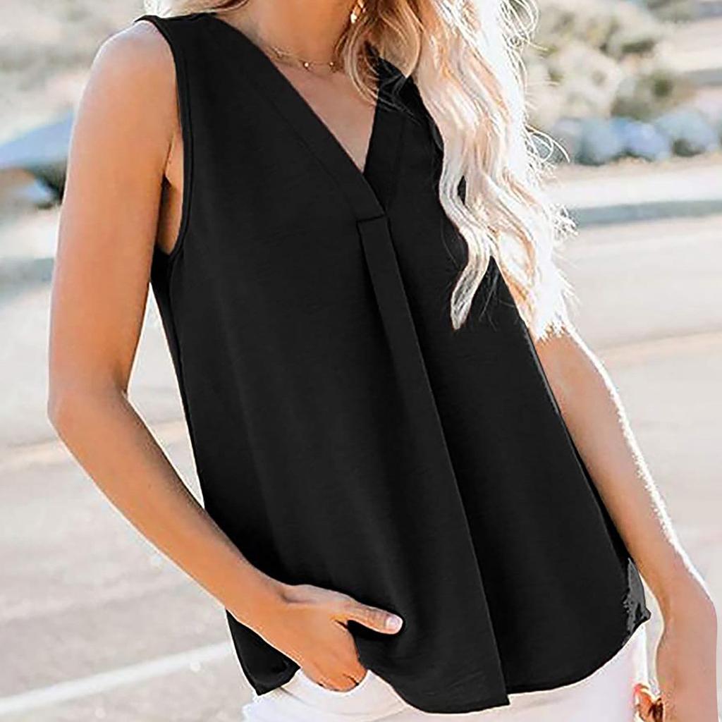 Women V-Neck Sleeveless Tops Casual Color Slim Loose Blouse With Pockets