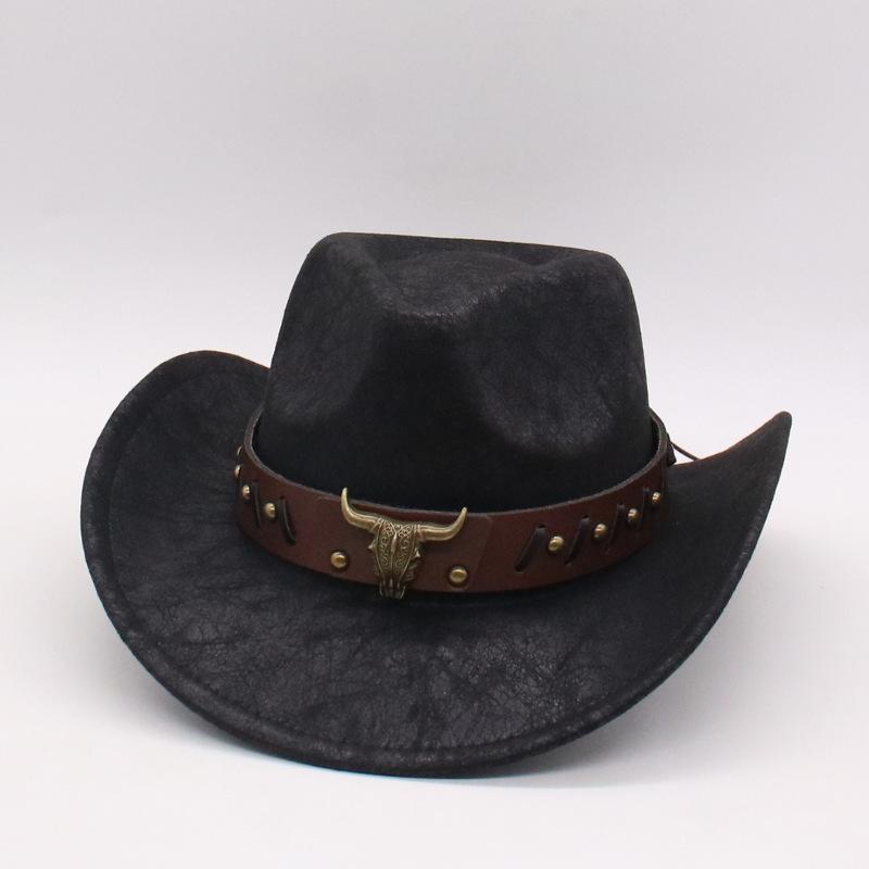 

Western Cowboy Hat Top Hat Bull Head Accessories Crimped Jazz Hat Crack Outdoor Sunshade Sun Hat Couple One size fits all (taoniu)