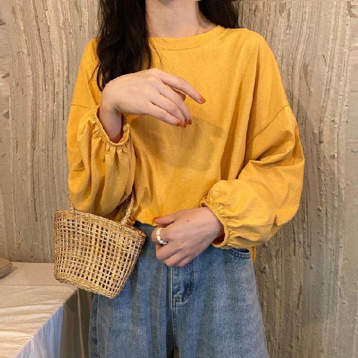 Women's 2024 Autumn Lantern Sleeve Loose Pullover T-Shirt - Solid Color Trendy Style