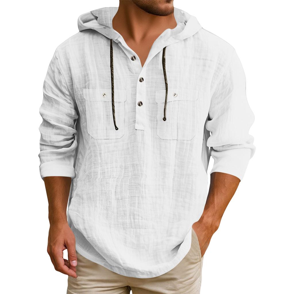 Men's Hooded T-shirt Solid Color Cotton And Linen Men's Casual Long-sleeved Top