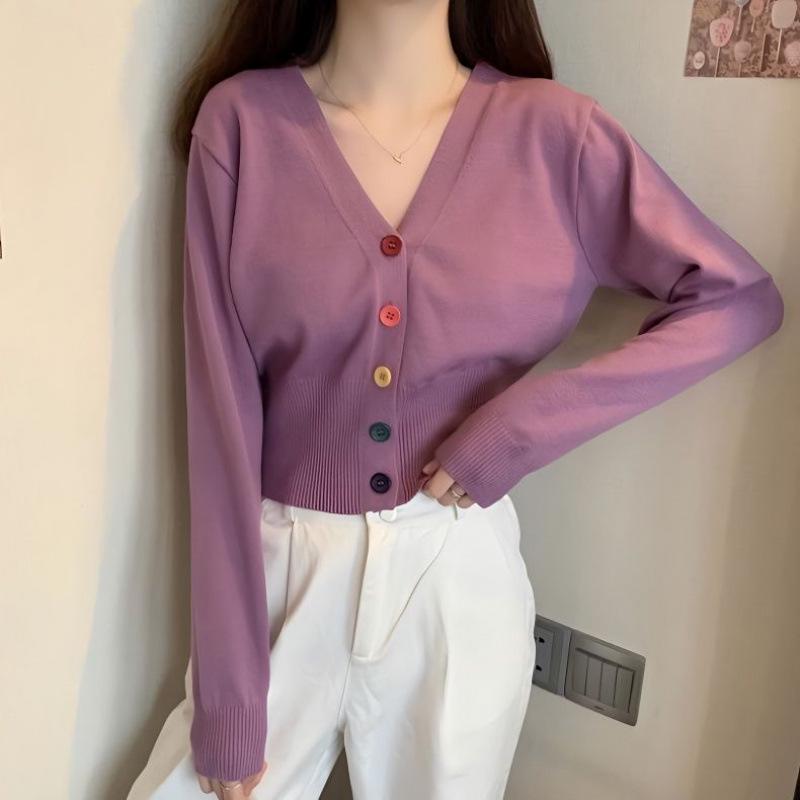 Versatile Korean V-neck Slimming Knit Cardigan - Spring/Autumn Long Sleeve Outerwear