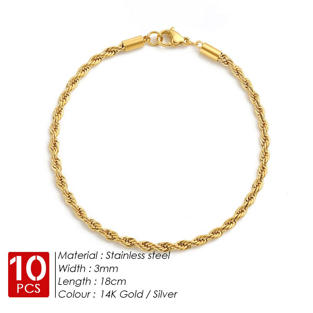 EMANCO 10PCS Wholesale 2/3/4/5MM Gold Color Twisted Rope Chain Bracelet, Stainless Steel Hip Hop Punk Fashion Jewelry for Women
