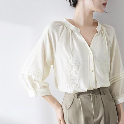 Solid Elegant French Embroidery Retro Sexy Shirt Women Basic Sweet Three Quarter Sleeve Tops Female Korean Fashion Design Niche Casual Slim Clothing