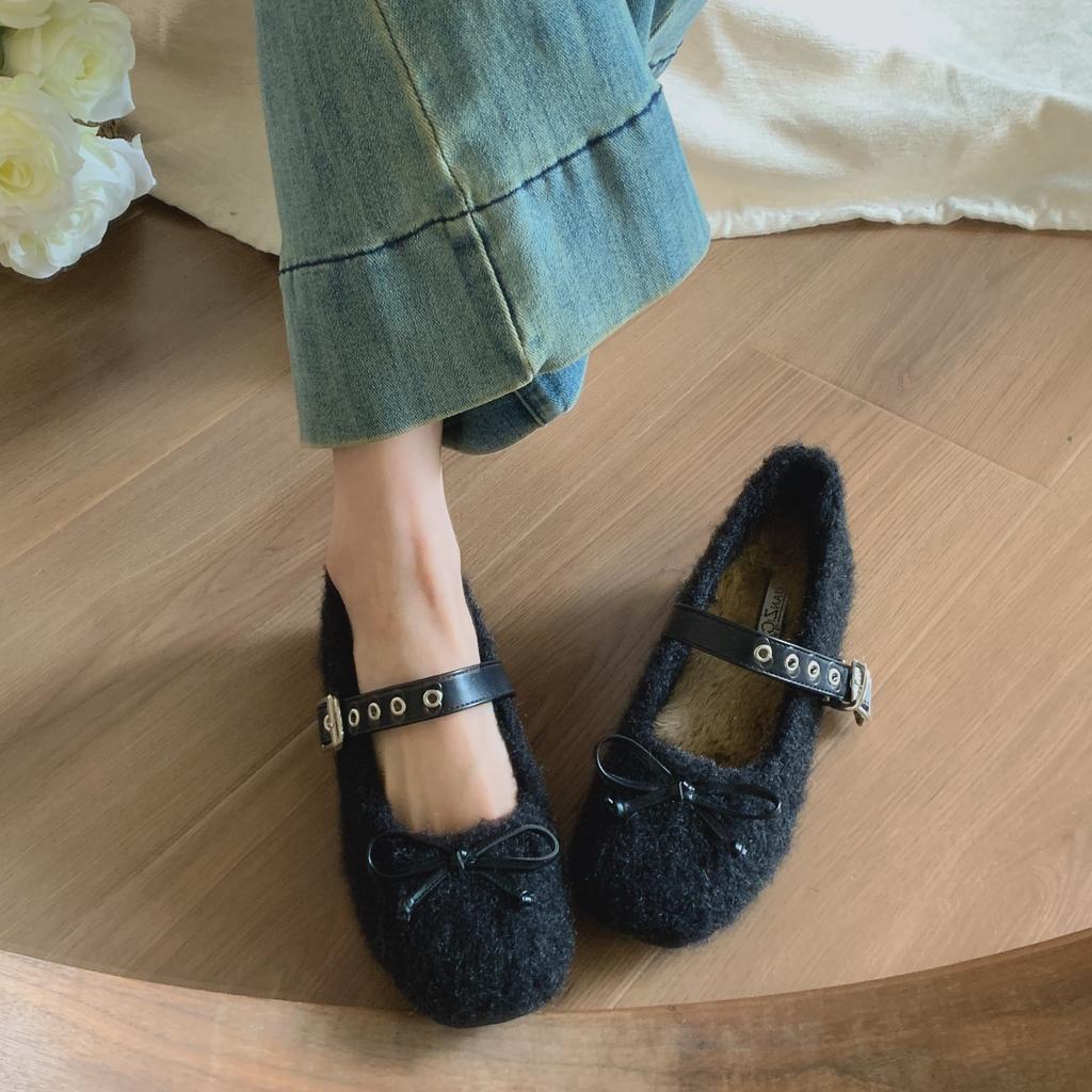 Bow-tie fluffy shoes women's winter gentle one-word belt inner height increase Mary Jane shoes plush warm thick-soled flat-soled single shoes