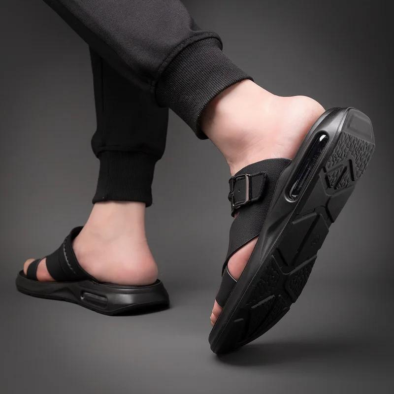 2024 Genuine Leather Summer Shoes Men Sandals Flat Non-slip Soft Leather Mens Beach Sandals Holiday Shoes Black Brown A4613