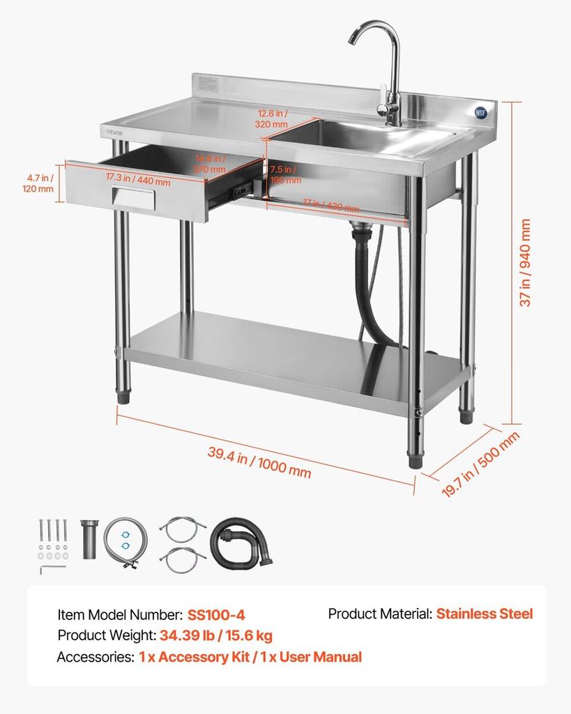 Stainless Steel Utility Sink, Free Standing Single Bowl Commercial Kitchen Sink with Drawer, Faucet and Hot & Cold Water Pipe, Utility Basin for