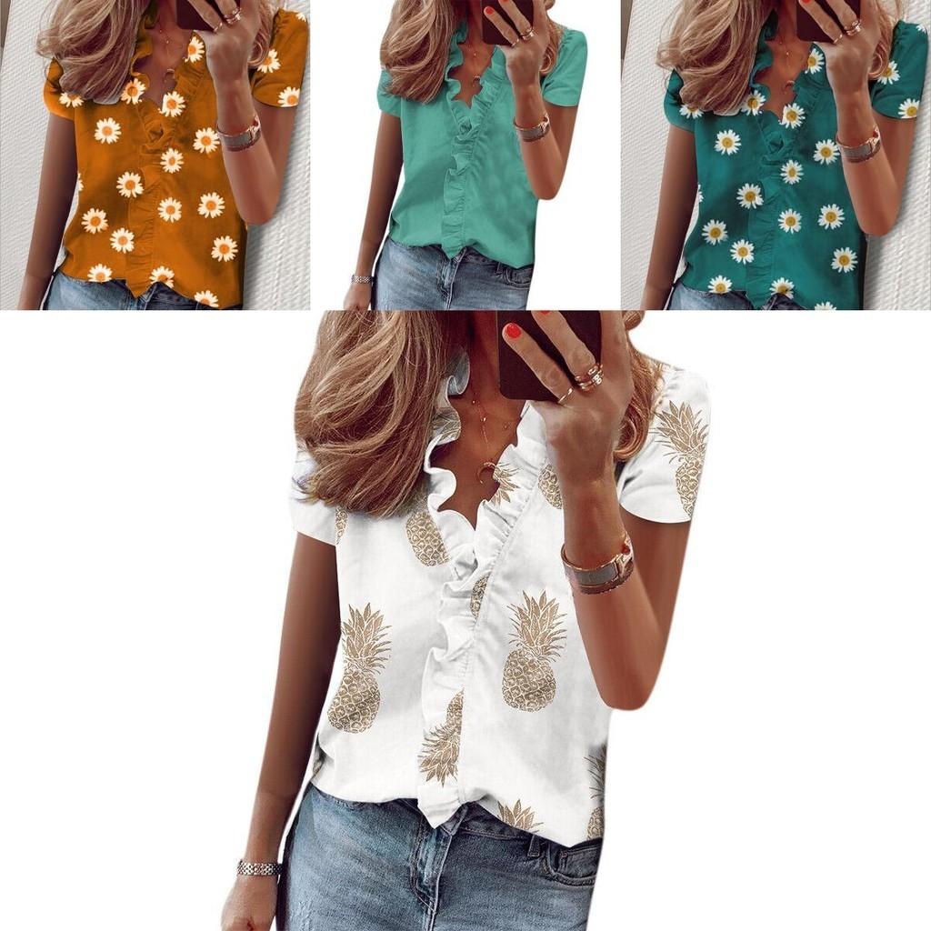 Stylish Women's V Neck Ruffle Short Sleeve T Shirt With Fashionable Daisy Print