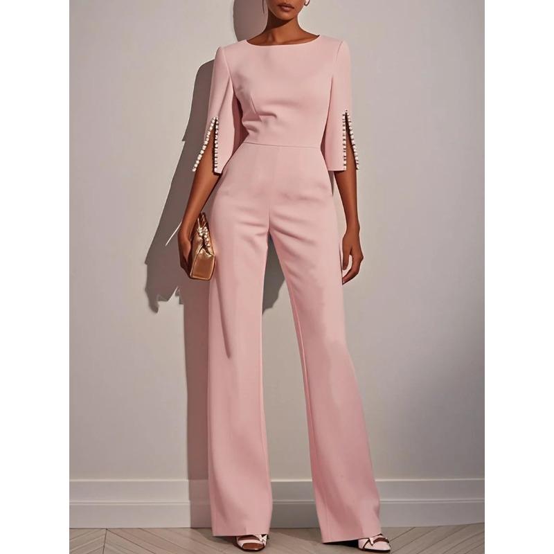 women's Pearl Embellished 3/4 Sleeve Solid Color Slim Fit Straight Leg Jumpsuit Evening Party Romper