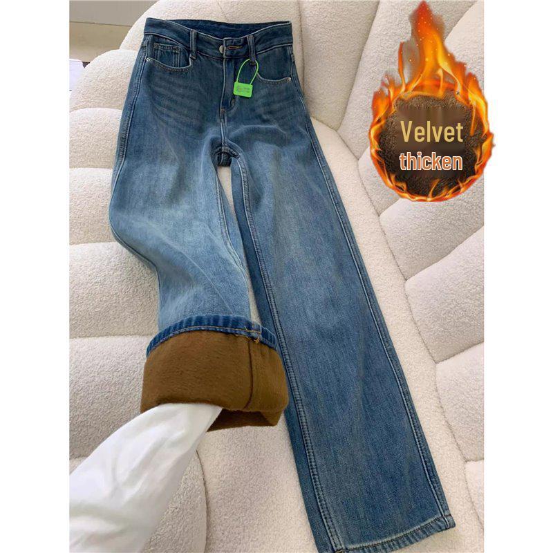 2025 Women's High Waist Retro Blue Fleece-Lined Straight Leg Jeans for Autumn/Winter - Slim Fit and Wide Leg