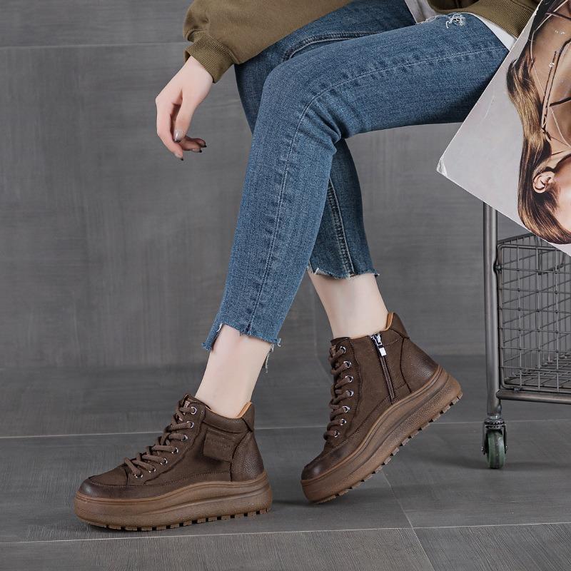 Retro high-top board shoes for women's autumn and winter new leather thick-soled non-slip and wear-resistant British Martin boots for women