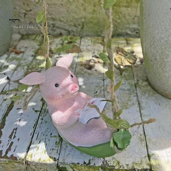Durable Outdoor Decoration Hanging Resin Pig Figurine, Cute Piggy Lying in Hammock Reading Waterproof Ornament Book Ornament, Animal Sculpture