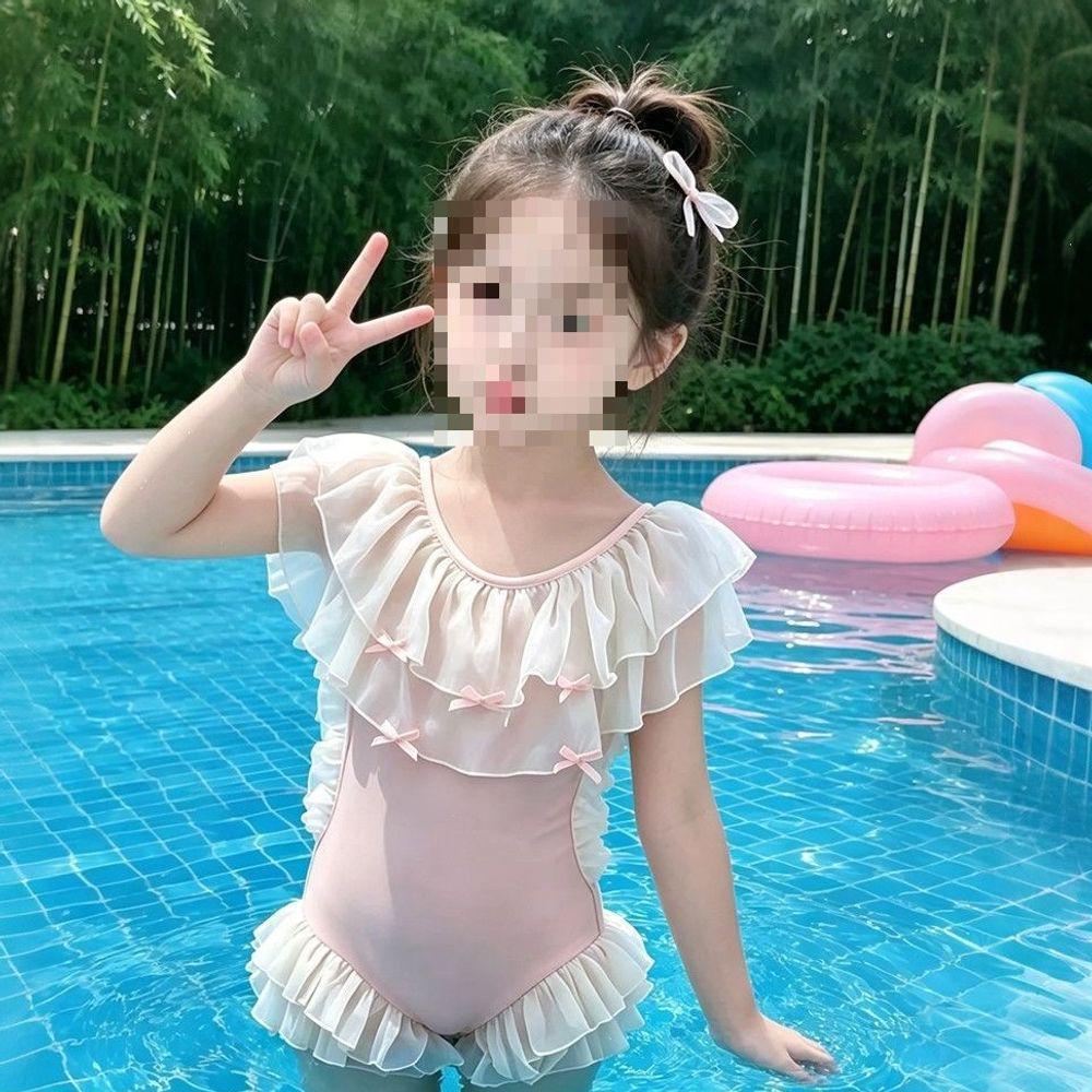 Toddler Girls' Cute One-Piece Swimsuit with Sun Protection and Lace Ruffles