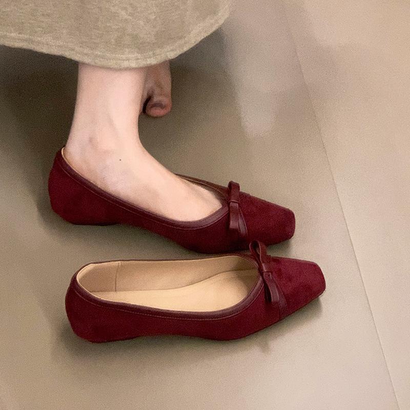 2025 autumn new square head bow low heel single shoes women's one-pedal light mouth laden shoes commuting versatile Doudou shoes