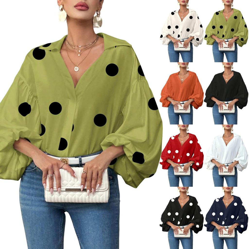 Haut Décontracté pour Femme à Pois Français, Col Demi-Ouvert, Ample, Manches Longues Bouffantes