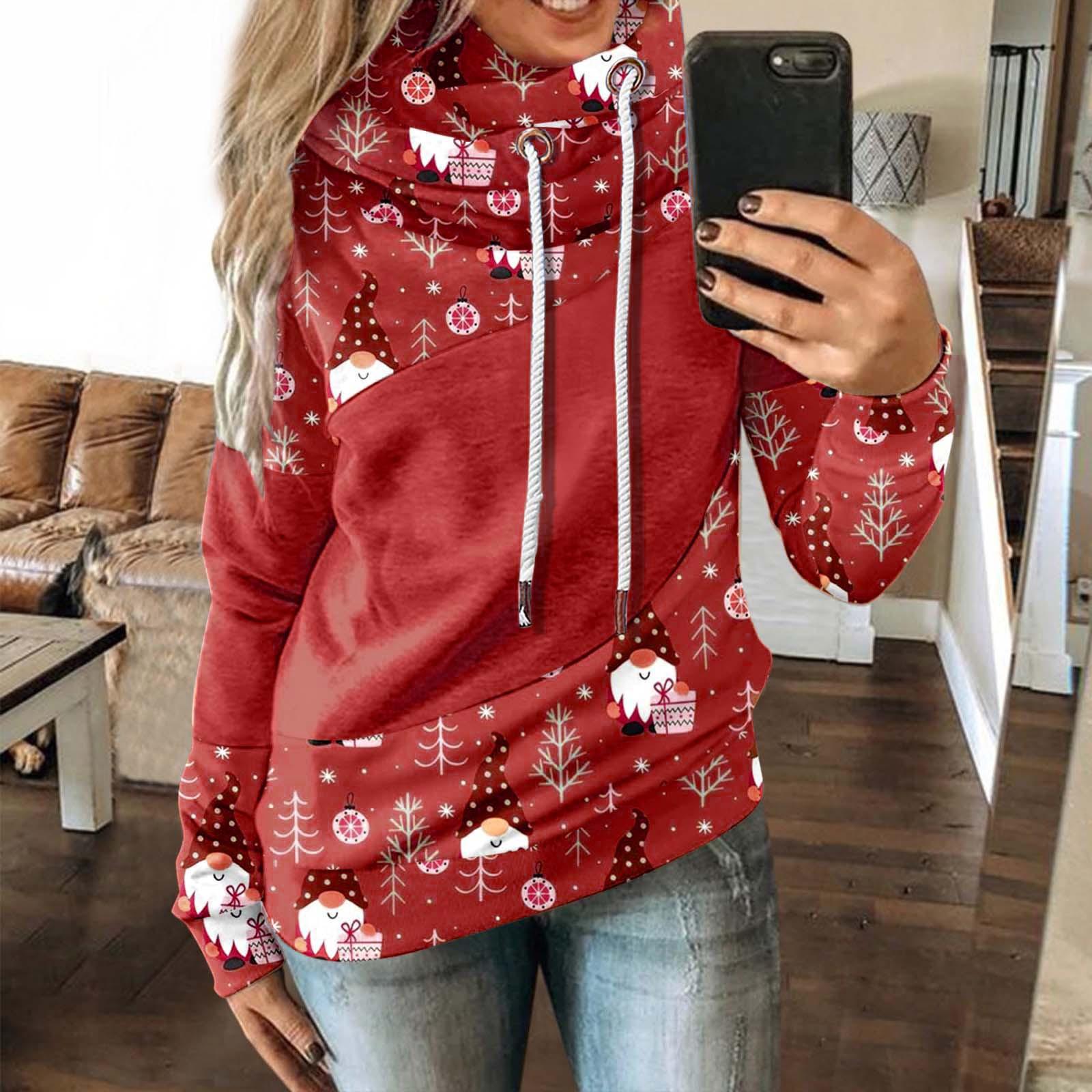 Women s Fashion Casual Loose Merry Printed Drawstring Stitching Long-sleeved Kangaroo-pocket Hooded Sweatshirt L красный