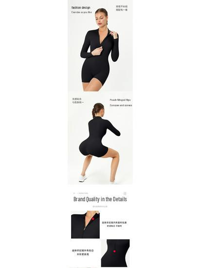 Women's Sexy Open-Neck Zipper Jumpsuit, Long-Sleeved Yoga Fitness Bodysuit