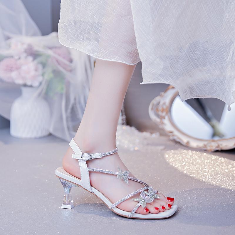 Fine with Butterfly Rhinestone Temperament Sandals Summer Square Head Foreign Air Fairy Everything Match High Heels