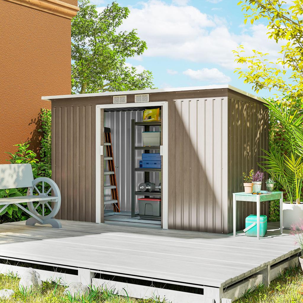 4 X 9ft Metal Shed, with Foundation Shed - Brown